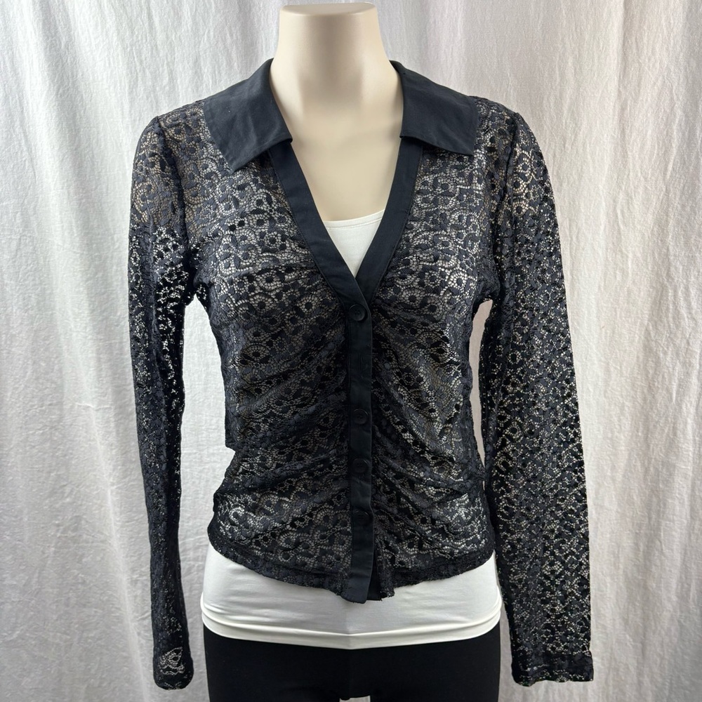 Maeve Anthropologie Sheer Open Lace Button Up Black Collared Shirt Top M NWT - Picture 5 of 14